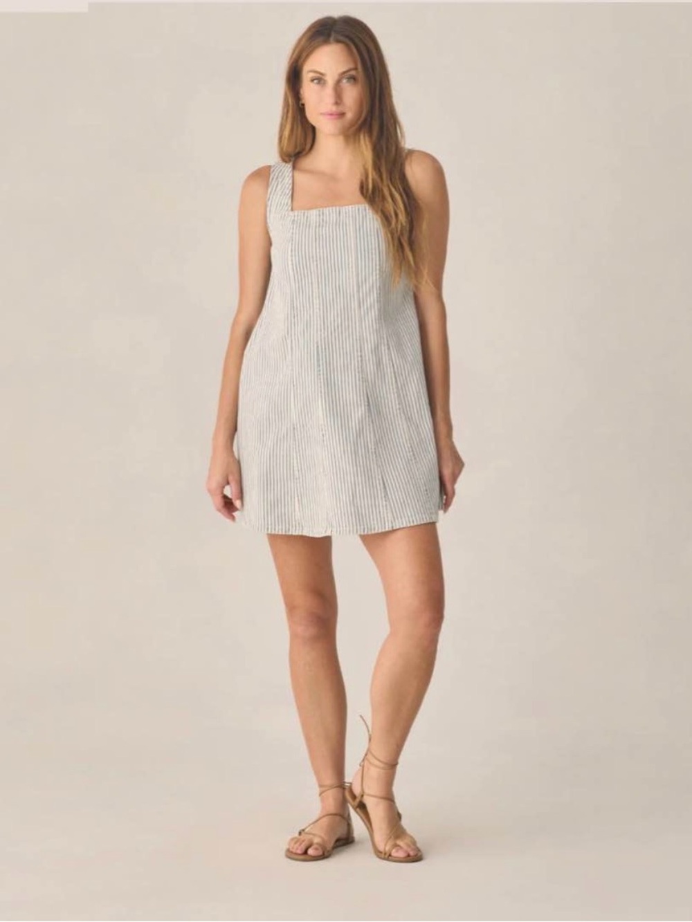 Rylee + Cru Striped Square-Neck Mini Dress in White and Light Gray